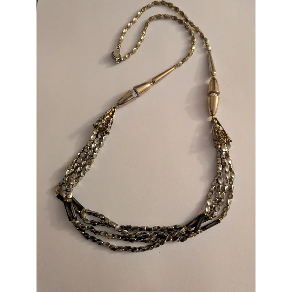 Mixed Metal Multi Strand Statement Necklace Silver Gold Bronze Tones 28 Inch